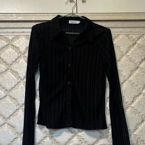 Black Ribbed Button-Up Long Sleeve Top